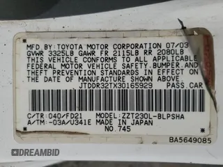 2003 Toyota Celica GT z VIN JTDDR32TX30165929, wystawiony jako Copart lot #59123525 z przebiegiem 222 623 mil mil oraz Szkoda całkowita • Salvage title. Historia ofert i sprzedaży dostępna na DreamBid. Obrazek 13.
