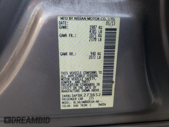 2013 Nissan Altima SL with VIN 1N4BL3AP3DC273652, listed as a Copart auction lot 59690215 with 103,522 mi miles and Salvage title. Bid and sale history available at DreamBid. Image 12.