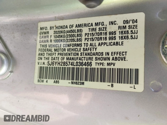 2004 Honda Element EX с VIN 5J6YH28574L036466, выставлен на аукционе IAAI как лот 42421329 с пробегом 246 174 миль миль и . История ставок и продаж доступна на DreamBid. Изображение 9.