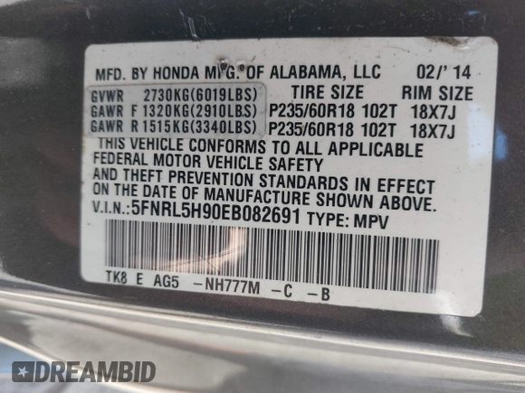 2014 Honda Odyssey Touring with VIN 5FNRL5H90EB082691, listed as a IAAI auction lot 42572977 with 54,413 mi miles and . Bid and sale history available at DreamBid. Image 9.
