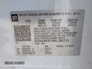 2022 Chevrolet Equinox LT with VIN 3GNAXKEV4NL286713, listed as a IAAI auction lot 42010289 with 87,278 mi miles. Bid and sale history available at carsss.com. Image 9.