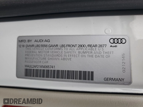 2019 Audi A6 Premium Plus with VIN WAUL2AF21KN065741, listed as a Copart auction lot 45146175 with 27,726 mi miles and Salvage Title. Bid and sale history available at carsss.com. Image 13.