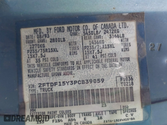 1993 Ford F-150 с VIN 2FTDF15Y3PCB39059, выставлен на аукционе IAAI как лот 42777160 с пробегом Не указан миль и . История ставок и продаж доступна на DreamBid. Изображение 9.