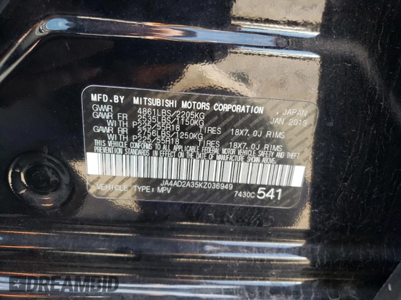 2019 Mitsubishi Outlander ES with VIN JA4AD2A35KZ036949, listed as a Copart auction lot 69938343 with 54,876 mi miles and Salvage title. Bid and sale history available at DreamBid. Image 13.