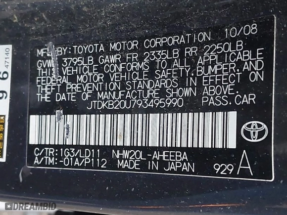 2009 Toyota Prius with VIN JTDKB20U793495990, listed as a IAAI auction lot 41825757 with NaN miles. Bid and sale history available at carsss.com. Image 9.