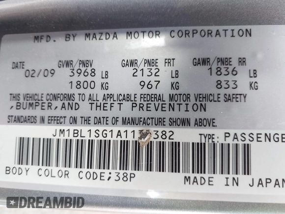 2010 Mazda 3 i Touring with VIN JM1BL1SG1A1134382, listed as a IAAI auction lot 42258616 with 160,825 mi miles and . Bid and sale history available at DreamBid. Image 9.