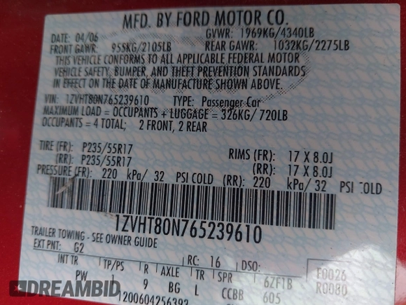 2006 Ford Mustang Standard with VIN 1ZVHT80N765239610, listed as a IAAI auction lot 42454146 with 146,261 mi miles and . Bid and sale history available at DreamBid. Image 9.