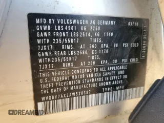 2010 Volkswagen Tiguan SEL with VIN WVGBV7AX2AW528387, listed as a Copart auction lot 87952095 with 110,249 mi miles and Non Repairable. Bid and sale history available at DreamBid. Image 13.