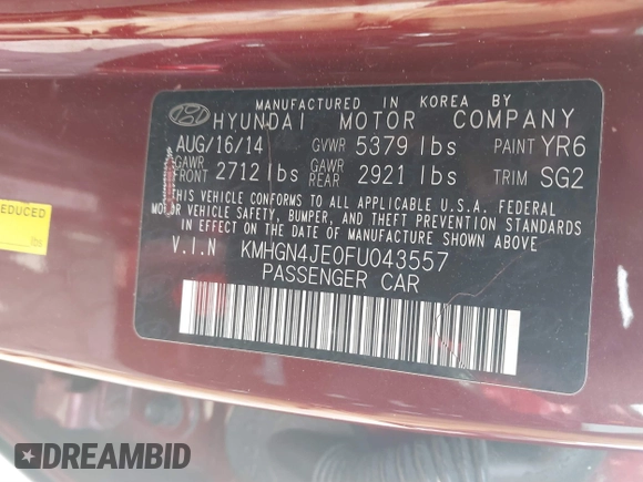 2015 Hyundai Genesis 3.8L with VIN KMHGN4JE0FU043557, listed as a IAAI auction lot 41599737 with 97,815 mi miles. Bid and sale history available at carsss.com. Image 9.