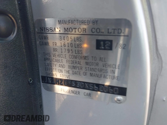 1983 Datsun 280ZX z VIN JN1HZ04S3DX562060, wystawiony jako IAAI lot #42063701 z przebiegiem 35 754 mil mil oraz . Historia ofert i sprzedaży dostępna na DreamBid. Obrazek 9.