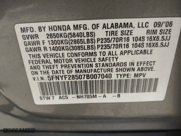 2007 Honda Pilot EX-L with VIN 5FNYF28507B007040, listed as a IAAI auction lot 42038302 with 251,262 mi miles. Bid and sale history available at carsss.com. Image 9.