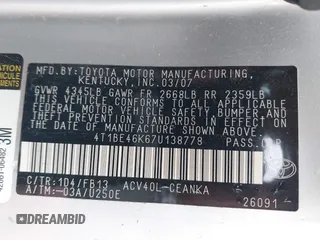 2007 Toyota Camry CE z VIN 4T1BE46K67U138778, wystawiony jako IAAI lot #42400763 z przebiegiem 191 729 mil mil oraz . Historia ofert i sprzedaży dostępna na DreamBid. Obrazek 9.