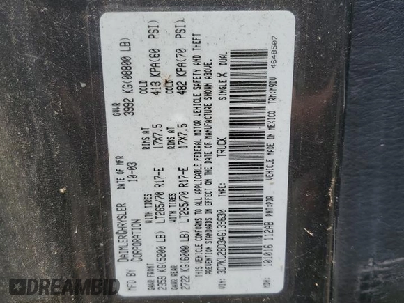 2004 Dodge 2500 SLT with VIN 3D7KU28D34G139630, listed as a Copart auction lot 56185555 with Not Provided miles and Clean Title. Bid and sale history available at DreamBid. Image 12.