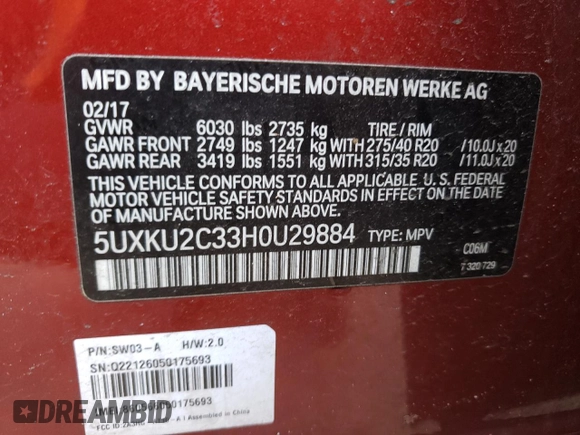 2017 BMW X6 xDrive35i with VIN 5UXKU2C33H0U29884, listed as a Copart auction lot 46465493 with 85,652 mi miles. Bid and sale history available at carsss.com. Image 15.