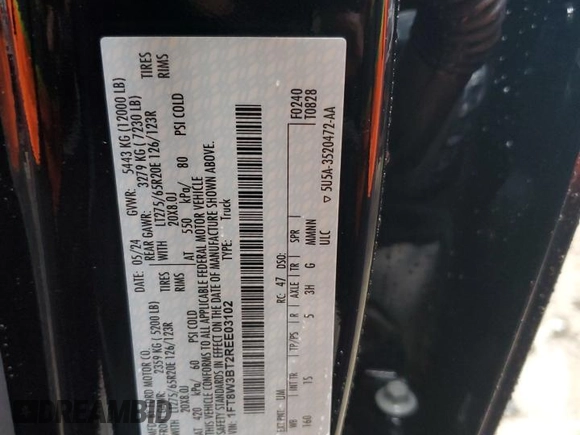 2024 Ford F-350 XL with VIN 1FT8W3BT2REE03102, listed as a Copart auction lot 54721015 with 220 mi miles and Salvage title. Bid and sale history available at DreamBid. Image 12.