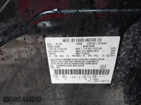 2020 Ford Edge SEL с VIN 2FMPK3J93LBA70212, выставлен на аукционе IAAI как лот 41560231 с пробегом 81 255 миль миль и . История ставок и продаж доступна на DreamBid. Изображение 9.