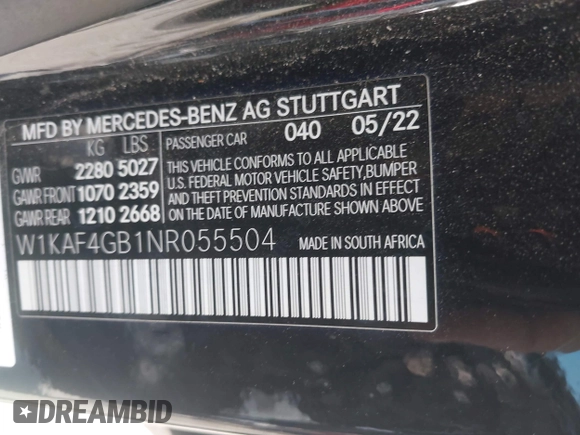 2022 Mercedes-Benz C 300 with VIN W1KAF4GB1NR055504, listed as a IAAI auction lot 42035044 with 26,585 mi miles and . Bid and sale history available at DreamBid. Image 9.