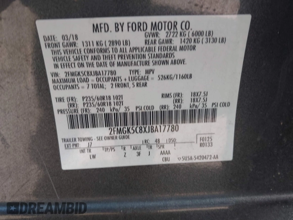 2018 Ford Flex SEL z VIN 2FMGK5C8XJBA17780, wystawiony jako IAAI lot #41600772 z przebiegiem 162 962 mil mil oraz . Historia ofert i sprzedaży dostępna na DreamBid. Obrazek 9.