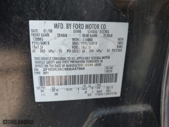 2008 Ford Edge Limited with VIN 2FMDK39C88BA57966, listed as a IAAI auction lot 41927947 with 212,975 mi miles. Bid and sale history available at carsss.com. Image 9.