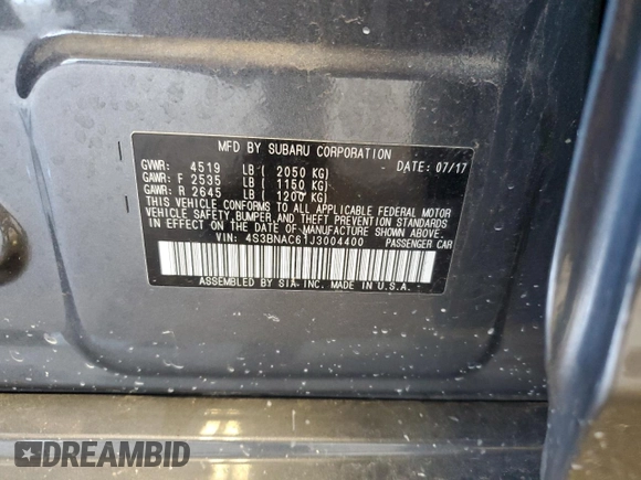 2018 Subaru Legacy Premium z VIN 4S3BNAC61J3004400, wystawiony jako Copart lot #62475435 z przebiegiem 78 049 mil mil oraz Nie do naprawy • Non repairable. Historia ofert i sprzedaży dostępna na DreamBid. Obrazek 12.