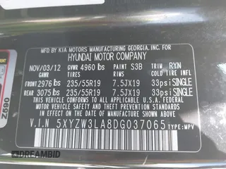 2013 Hyundai Santa Fe Sport z VIN 5XYZW3LA8DG037065, wystawiony jako IAAI lot #42139488 z przebiegiem 165 794 mil mil oraz . Historia ofert i sprzedaży dostępna na DreamBid. Obrazek 9.