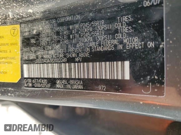 2008 Toyota Highlander Sport with VIN JTEES43A382002249, listed as a Copart auction lot 59623845 with Not provided miles and Clean title. Bid and sale history available at DreamBid. Image 13.