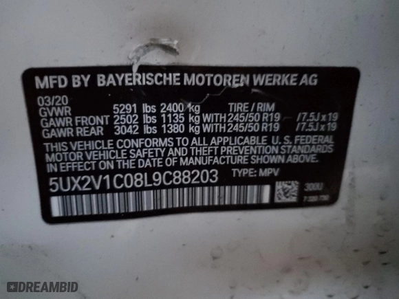 2020 BMW X4 xDrive30i with VIN 5UX2V1C08L9C88203, listed as a Copart auction lot 85376004 with 0 mi miles and Salvage Title. Bid and sale history available at carsss.com. Image 15.