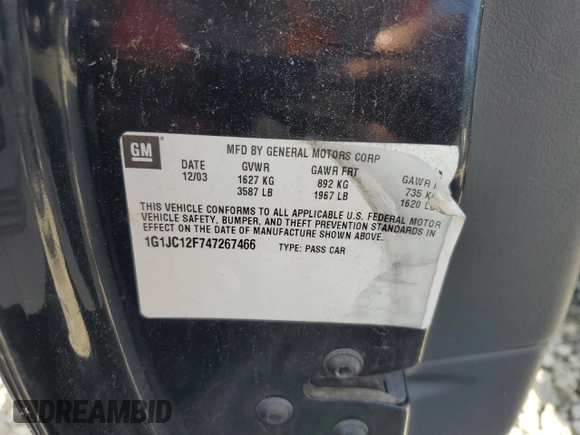 2004 Chevrolet Cavalier with VIN 1G1JC12F747267466, listed as a Copart auction lot 61246375 with 51,159 mi miles and Clean title. Bid and sale history available at DreamBid. Image 13.