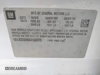 2014 Chevrolet Sonic LT with VIN 1G1JC6SH8E4130375, listed as a IAAI auction lot 41672713 with 167,012 mi miles. Bid and sale history available at carsss.com. Image 9.