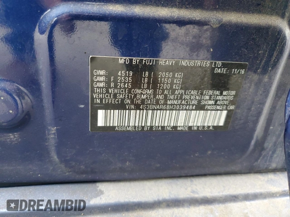 2017 Subaru Legacy Special Sports with VIN 4S3BNAR68H3039484, listed as a Copart auction lot 54585285 with 56,831 mi miles and Salvage title. Bid and sale history available at DreamBid. Image 12.