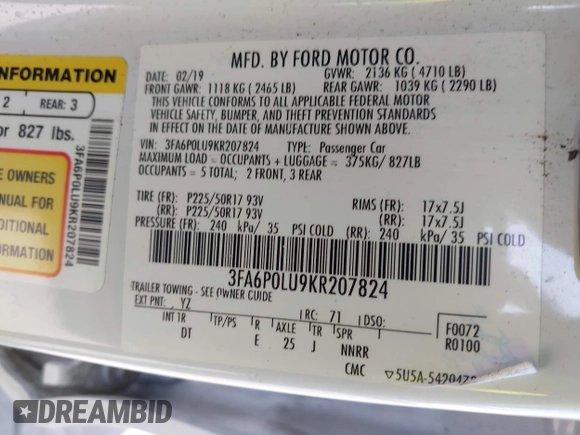 2019 Ford Fusion Hybrid SE with VIN 3FA6P0LU9KR207824, listed as a IAAI auction lot 42153330 with 69,966 mi miles. Bid and sale history available at carsss.com. Image 9.
