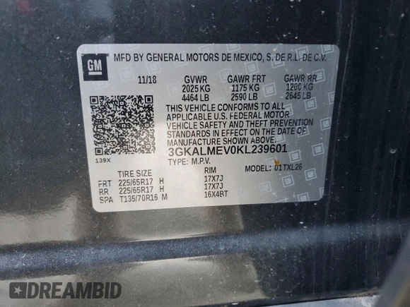 2019 GMC Terrain SLE with VIN 3GKALMEV0KL239601, listed as a Copart auction lot 49141025 with 95,722 mi miles and Salvage Title. Bid and sale history available at carsss.com. Image 13.