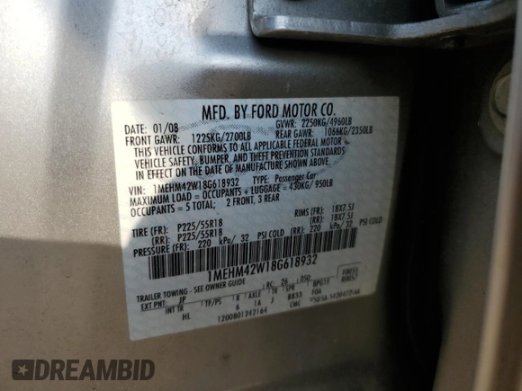 2008 Mercury Sable Premier с VIN 1MEHM42W18G618932, выставлен на аукционе Copart как лот 72713774 с пробегом 162 269 миль миль и Списание • Salvage title. История ставок и продаж доступна на DreamBid. Изображение 12.