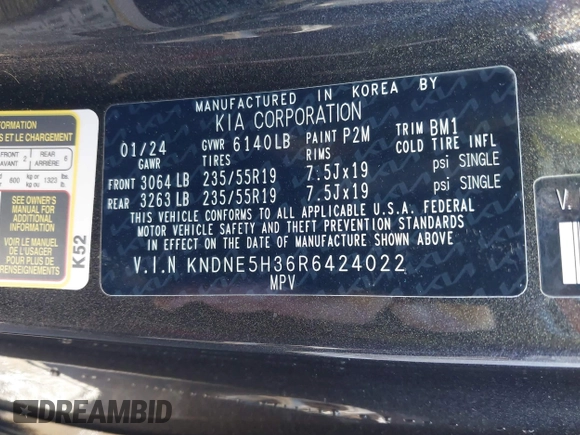2024 Kia Carnival SX Prestige with VIN KNDNE5H36R6424022, listed as a IAAI auction lot 41200224 with 5,900 mi miles. Bid and sale history available at carsss.com. Image 9.