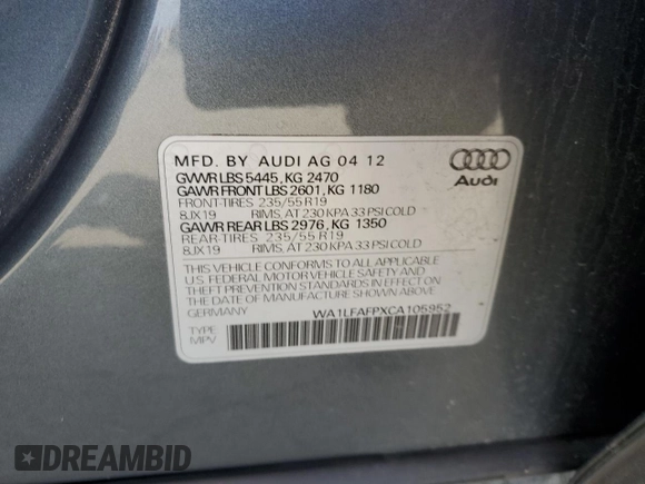2012 Audi Q5 2.0T Premium Plus with VIN WA1LFAFPXCA105952, listed as a Copart auction lot 49459555 with 103,439 mi miles and Salvage Title. Bid and sale history available at carsss.com. Image 14.