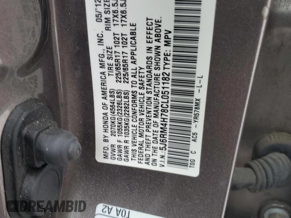 2012 Honda CR-V EX-L with VIN 5J6RM4H78CL051182, listed as a Copart auction lot 56138355 with 126,129 mi miles and Salvage title. Bid and sale history available at DreamBid. Image 12.