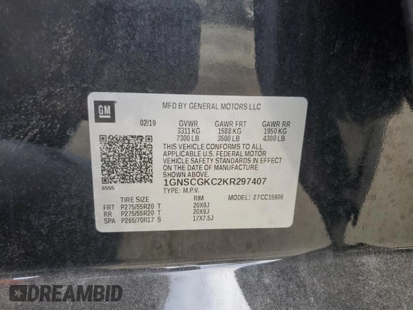 2019 Chevrolet Suburban LS z VIN 1GNSCGKC2KR297407, wystawiony jako Copart lot #75224194 z przebiegiem 93 562 mil mil oraz Szkoda całkowita • Salvage title. Historia ofert i sprzedaży dostępna na DreamBid. Obrazek 13.