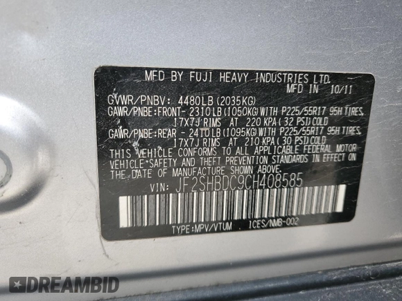 2012 Subaru Forester X Premium with VIN JF2SHBDC9CH408585, listed as a Copart auction lot 50082365 with 234,799 mi miles and Salvage Title. Bid and sale history available at DreamBid. Image 16.