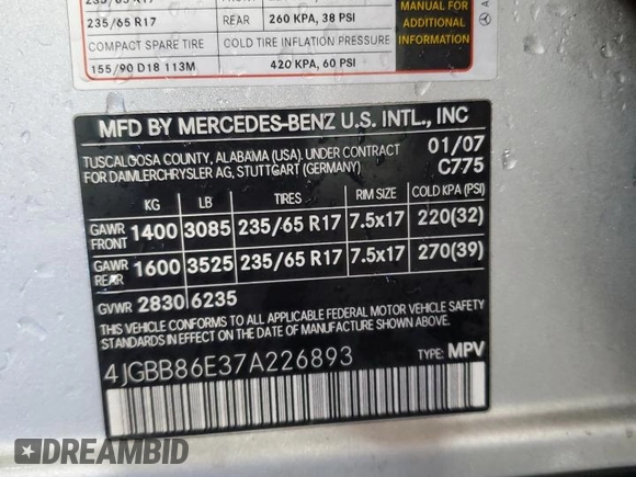 2007 Mercedes-Benz M 350 with VIN 4JGBB86E37A226893, listed as a Copart auction lot 46915485 with 171,518 mi miles and Salvage Title. Bid and sale history available at DreamBid. Image 13.