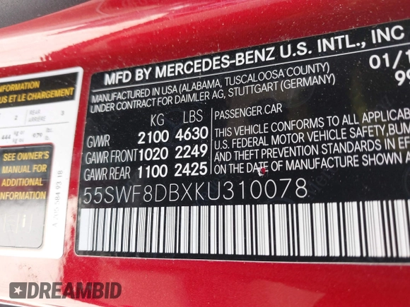 2019 Mercedes-Benz C 300 with VIN 55SWF8DBXKU310078, listed as a IAAI auction lot 41716143 with 55,609 mi miles and . Bid and sale history available at DreamBid. Image 9.