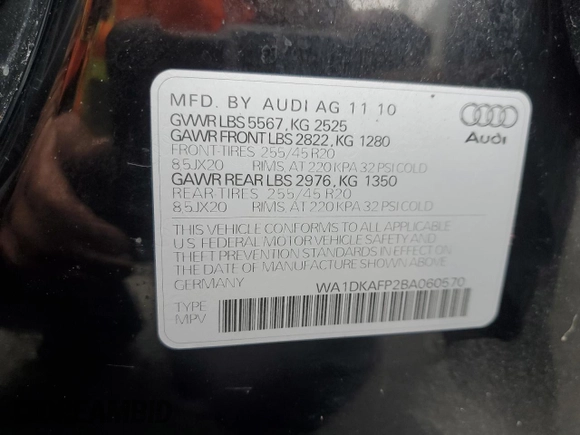 2011 Audi Q5 Premium Plus with VIN WA1DKAFP2BA060570, listed as a Copart auction lot 53668585 with 133,250 mi miles and Salvage title. Bid and sale history available at DreamBid. Image 14.
