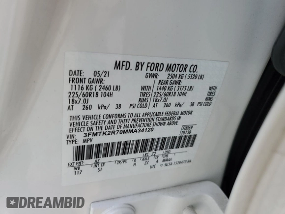 2021 Ford Mustang Mach-E California Route 1 with VIN 3FMTK2R70MMA34120, listed as a Copart auction lot 87469214 with 43,020 mi miles and Salvage Title. Bid and sale history available at DreamBid. Image 14.