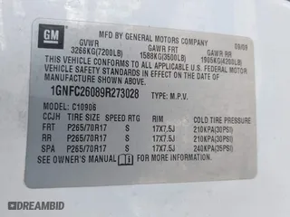 2009 Chevrolet Suburban LT w/2LT with VIN 1GNFC26089R273028, listed as a IAAI auction lot 41669345 with 244,869 mi miles. Bid and sale history available at carsss.com. Image 9.