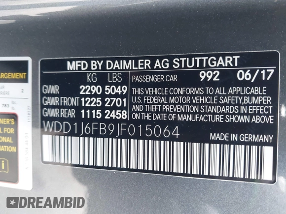 2018 Mercedes-Benz E 400 with VIN WDD1J6FB9JF015064, listed as a IAAI auction lot 42165914 with 95,290 mi miles and . Bid and sale history available at DreamBid. Image 9.