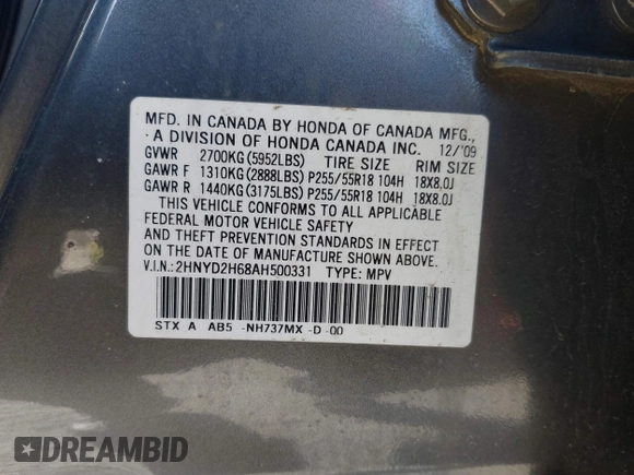 2010 Acura MDX Technology Pkg with VIN 2HNYD2H68AH500331, listed as a IAAI auction lot 41739262 with 190,253 mi miles. Bid and sale history available at carsss.com. Image 9.
