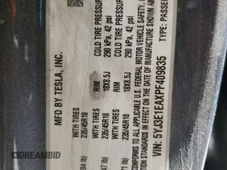 2023 Tesla Model 3 z VIN 5YJ3E1EAXPF409835, wystawiony jako Copart lot #56205335 z przebiegiem Nie podano mil oraz Szkoda całkowita • Salvage title. Historia ofert i sprzedaży dostępna na DreamBid. Obrazek 12.