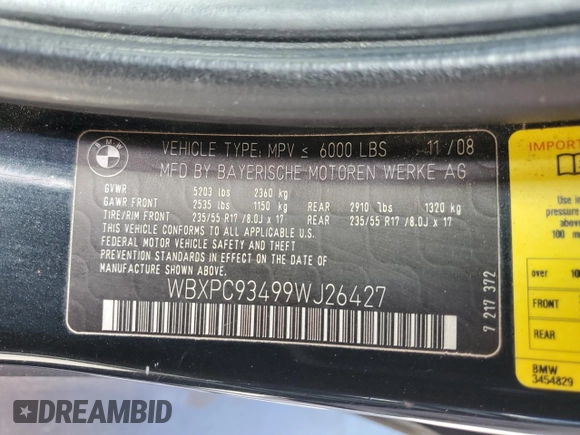 2009 BMW X3 xDrive30i with VIN WBXPC93499WJ26427, listed as a Copart auction lot 49511335 with 87,616 mi miles and Salvage Title. Bid and sale history available at carsss.com. Image 13.