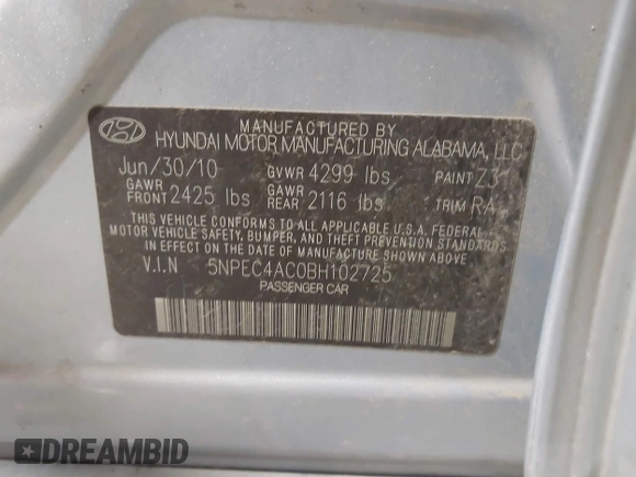 2011 Hyundai Sonata Limited with VIN 5NPEC4AC0BH102725, listed as a IAAI auction lot 41868360 with 194,182 mi miles and . Bid and sale history available at DreamBid. Image 9.
