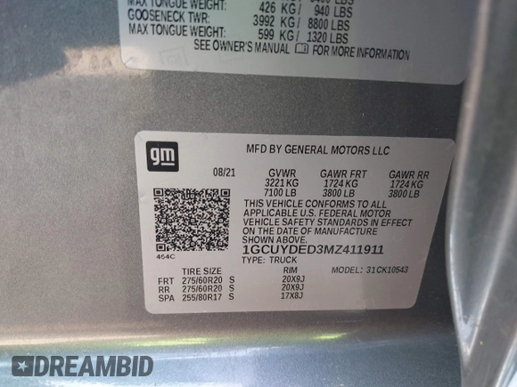 2021 Chevrolet Silverado 1500 LT z VIN 1GCUYDED3MZ411911, wystawiony jako IAAI lot #42005209 z przebiegiem 29 253 mil mil oraz . Historia ofert i sprzedaży dostępna na DreamBid. Obrazek 9.