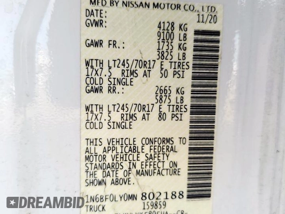 2021 Nissan NV Cargo SV z VIN 1N6BF0LY0MN802188, wystawiony jako Copart lot #49993645 z przebiegiem 161 274 mil mil oraz Szkoda całkowita • Salvage title. Historia ofert i sprzedaży dostępna na DreamBid. Obrazek 12.